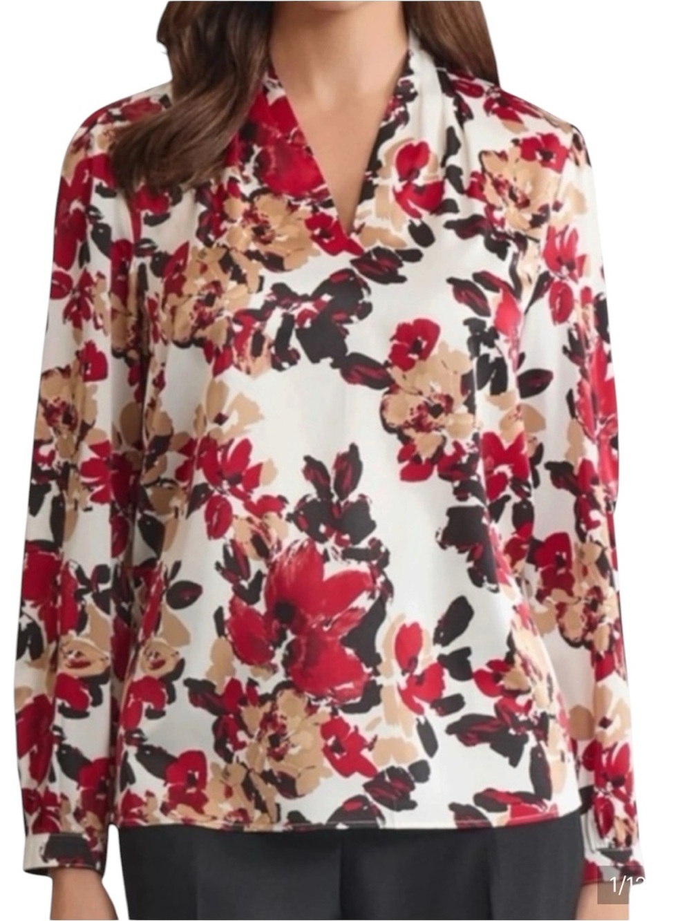 Kasper Floral V-Neck Pleated Shoulder Satin Blouse